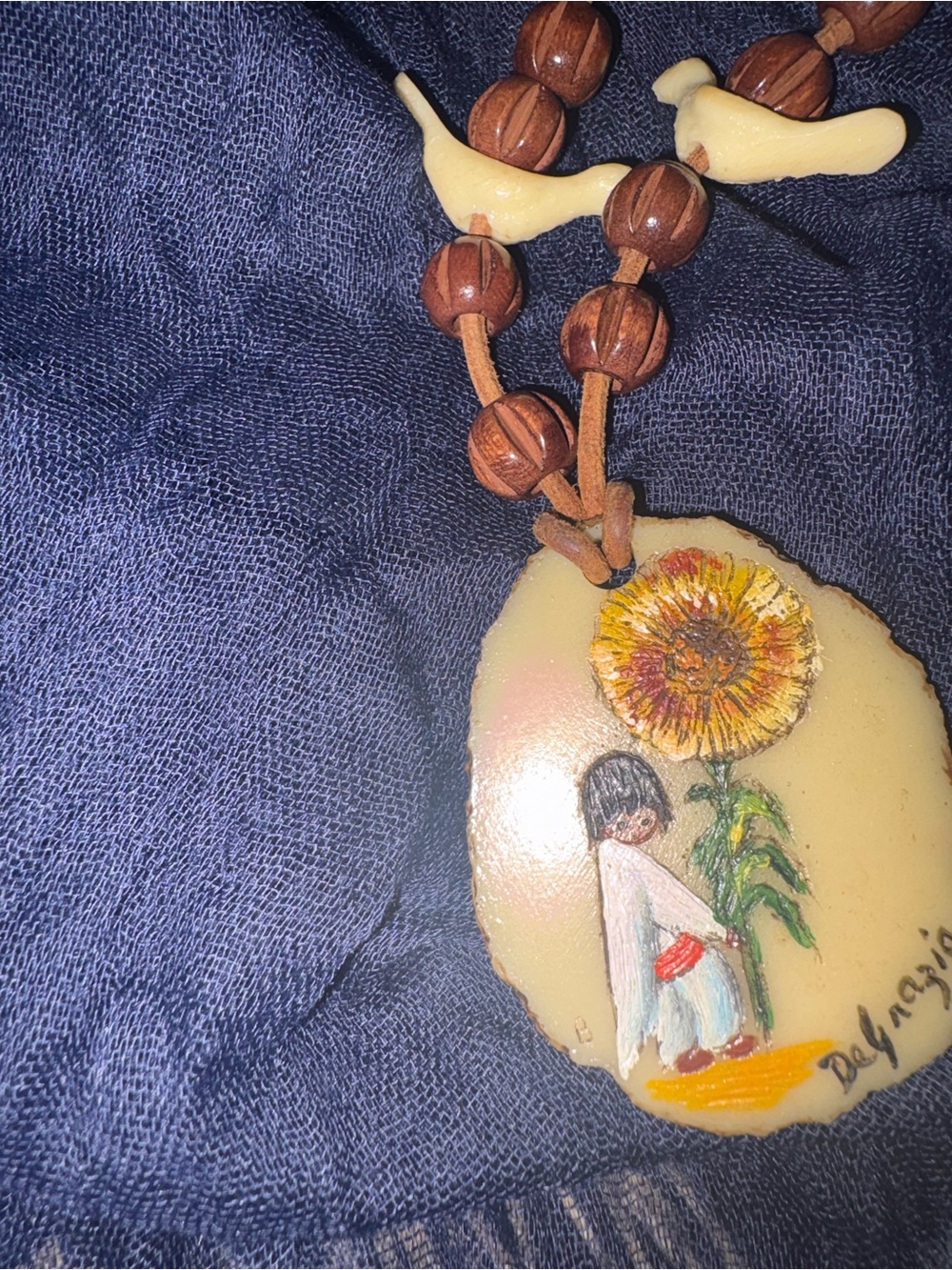 Hand-Painted Cream Sunflower Pendant Necklace with Wooden Beads